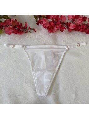 VICTORIA'S SECRET L SILKY WHITE GOLD CHARM ADJ SIDE V STRING STRAPPY PANTIES NWT
